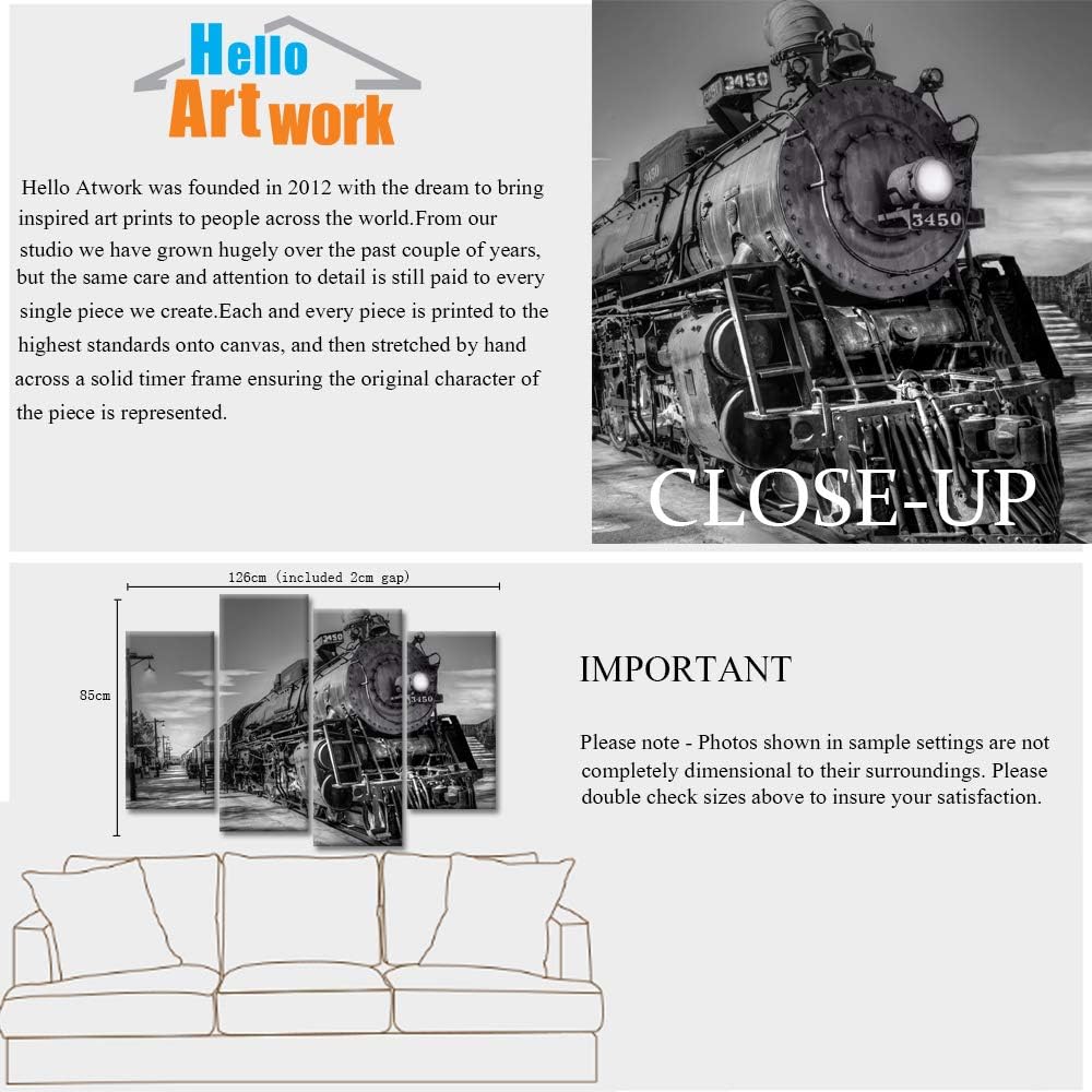 iHAPPYWALL 4 Panel Train Canvas Wall Art Vintage Black and White Steam Train Coal Burning Locomotive Wall Hanging Print On Canvas Car Pictures for Home Decoration Gift Ready to Hang