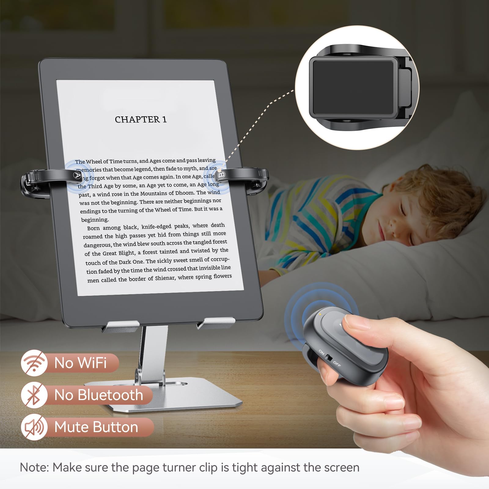 Pilot RF, Kindle Page Turner z ładowaniem USB-C, klips A i B, wskaźnik LED, zabezpieczenie przed odciskami palców, długi czas czuwania dla czytników e-booków — łatwa obsługa jedną ręką