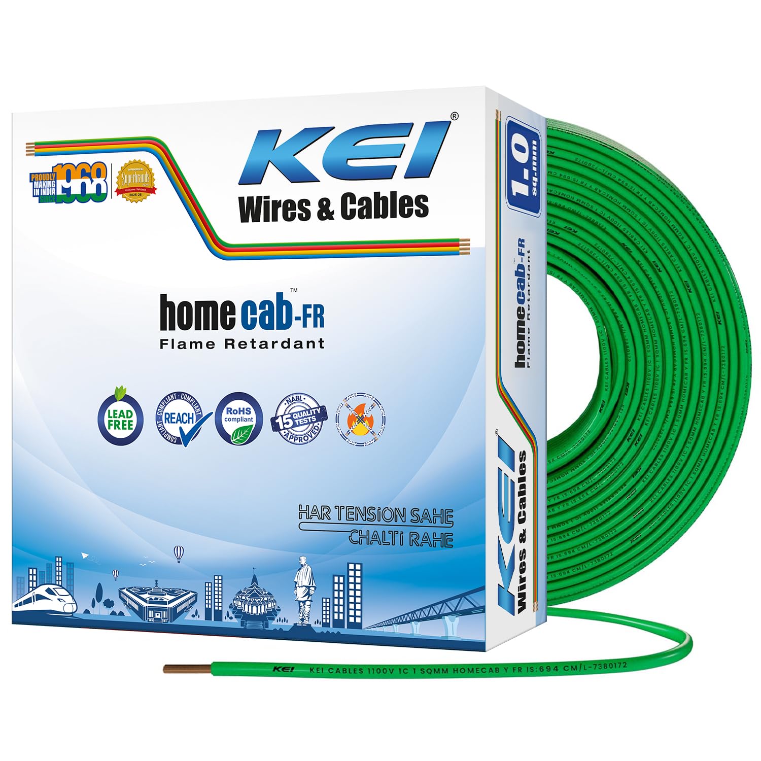 KEI WIRES & CABLES Homecab 1 sqmm 1 Core Copper Flame Retardant House Wire PVC Insulated Cable for Domestic & Industrial Electrical Wiring (Green, 90 Meters)-image-5