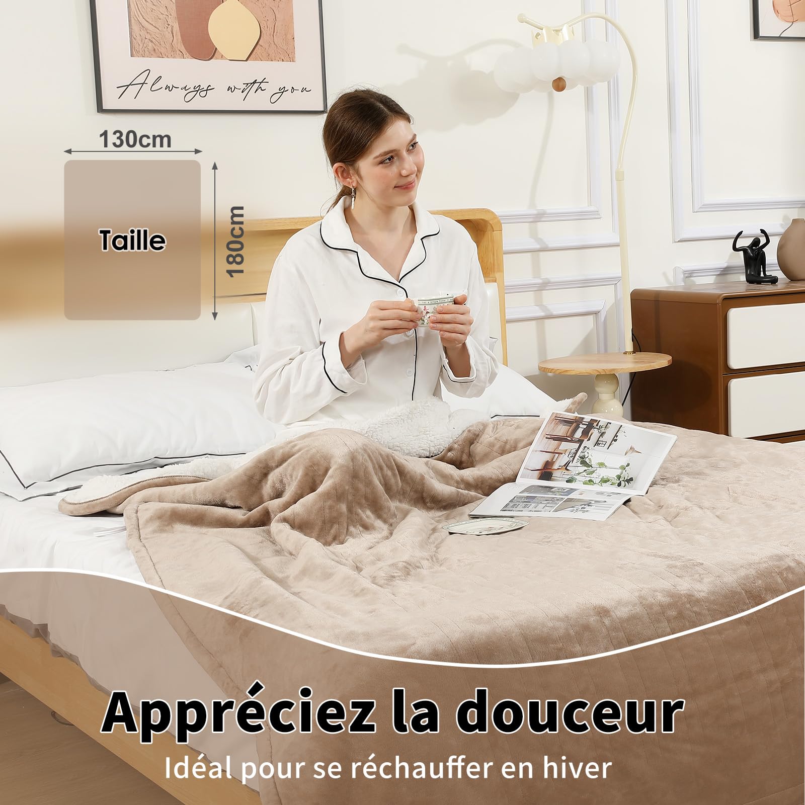 ESTINGO Manta Eléctrica 180x130 cm, Manta Calefactora de Franela y Sherpa para Sofá y Cama, 6 Niveles de Temperatura, Temporizador de 10h, Apagado Automático y Lavable, Beige