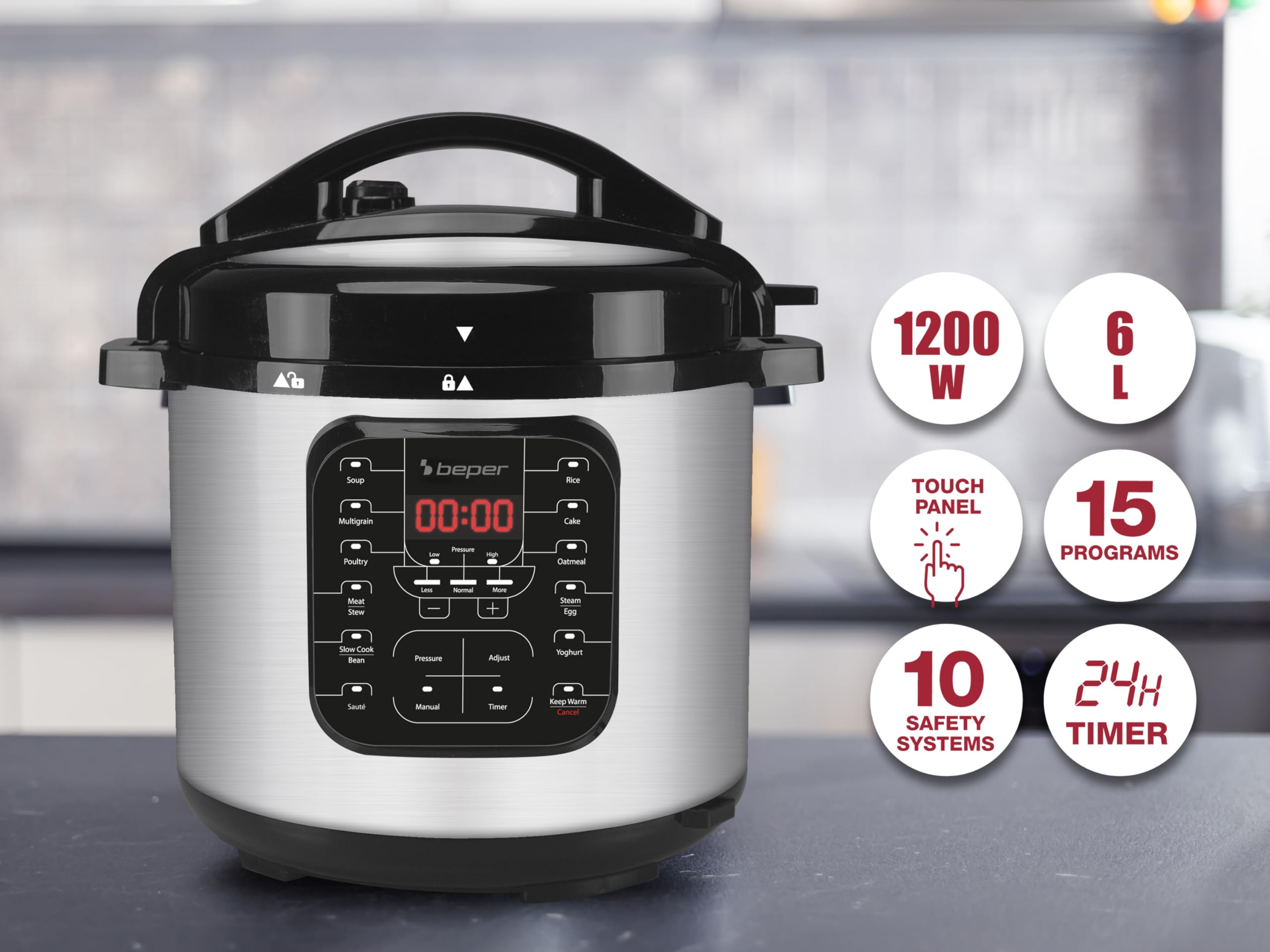 BEPER P101COS001 Pressure Cooker et Multicuiseur à Pression, Cuit Vapeur de 6 Litres - Autocuiseur Èlectrique avec 15 Programmes de Cuisson