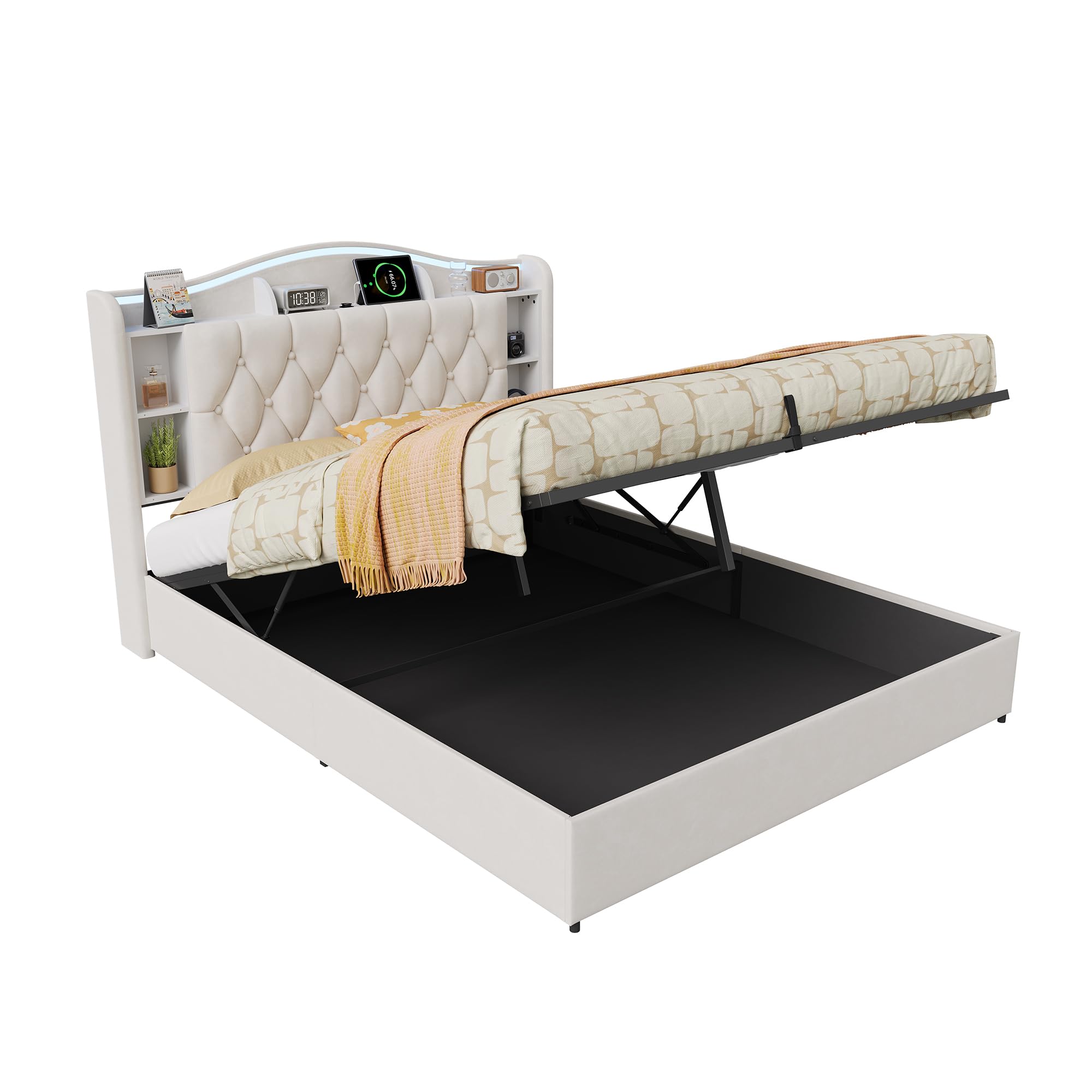 Cama tapizada de 160 x 190 cm con espacio de almacenamiento, cama doble con LED, cama hidráulica con somier, cama con somier, cama juvenil con espacio de almacenamiento y cabecero, para