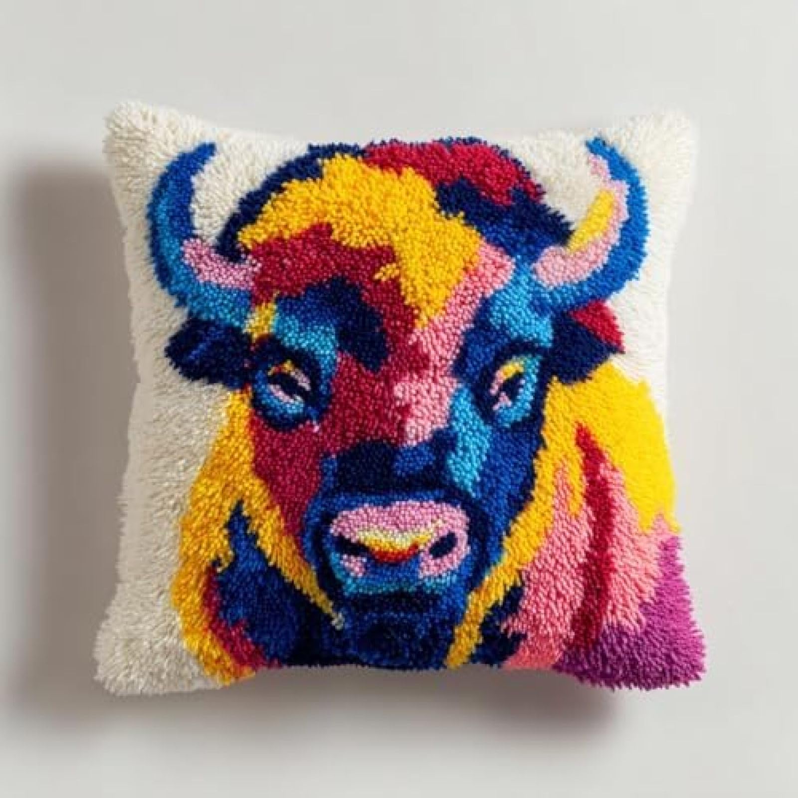 kitphoenix Latch Hook Kit for Adults Beginners,Buffalo,DIY Cushion Cover Craft Kit with Pre-Printed Canvas,Yarn and Hook,43x43 cm Pillow Cover Making Set
