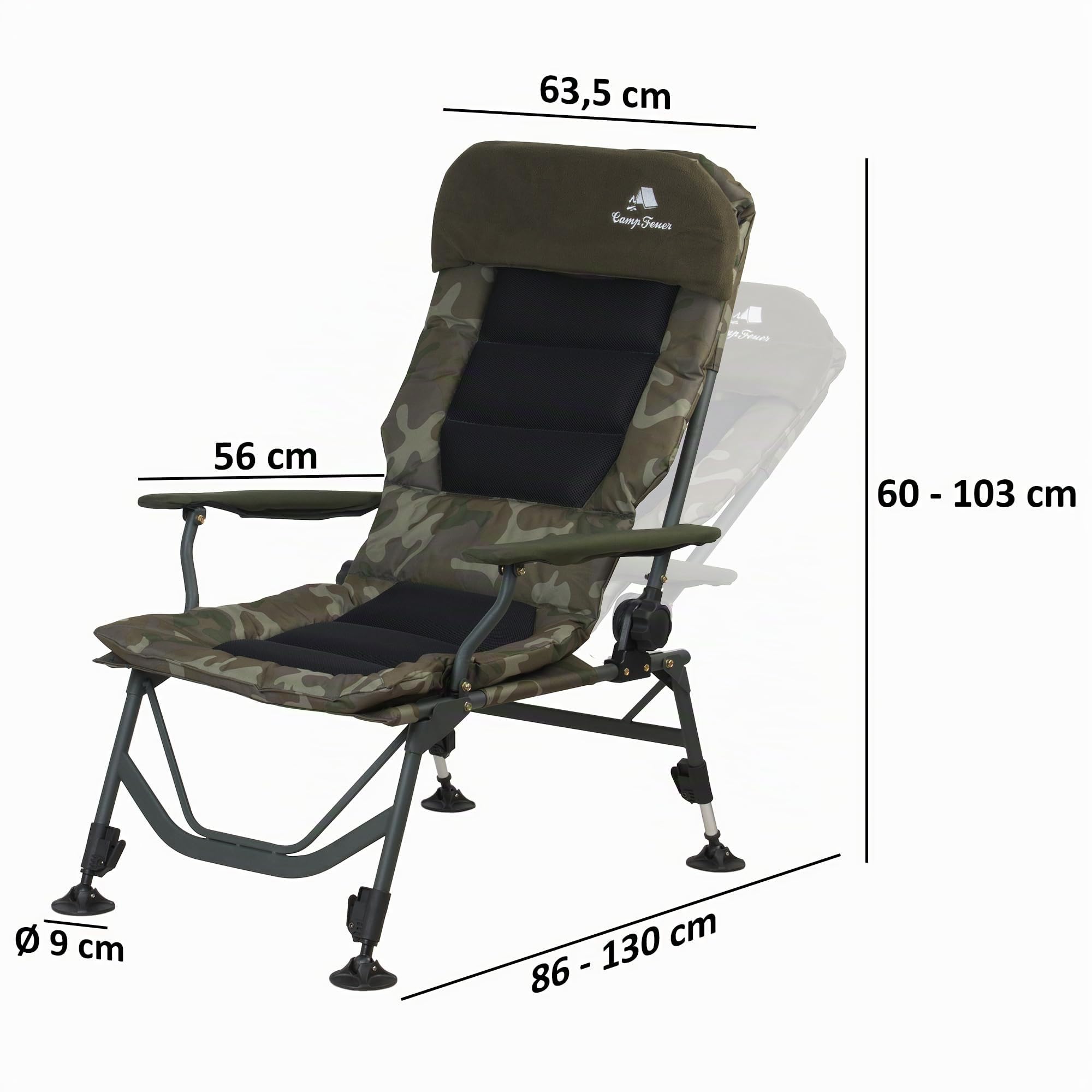 CampFeuer Chaise Longue pour pêche à la Carpe Camouflage Vert Olive |Chaise de pêche Longue à Hauteur réglable avec Coussins | Chaise Pliable, Confortable, rembourré pour pêche à la Carpe