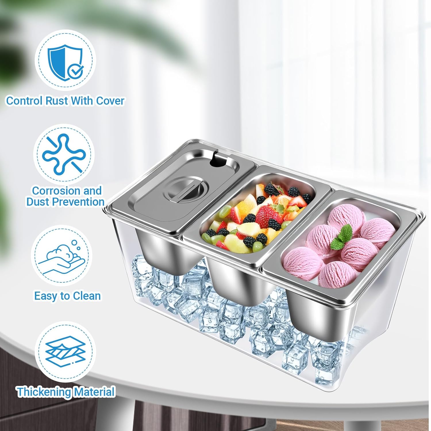 3 Compartments Ice Chilled Condiment Caddy, 30.5 oz Salad Bar Containers Stainless Steel Serving Dish with Lids for Bar, Hummus, Fruit, Salad, Ice Cream Topping, Sauces, Party Supply - Image 3