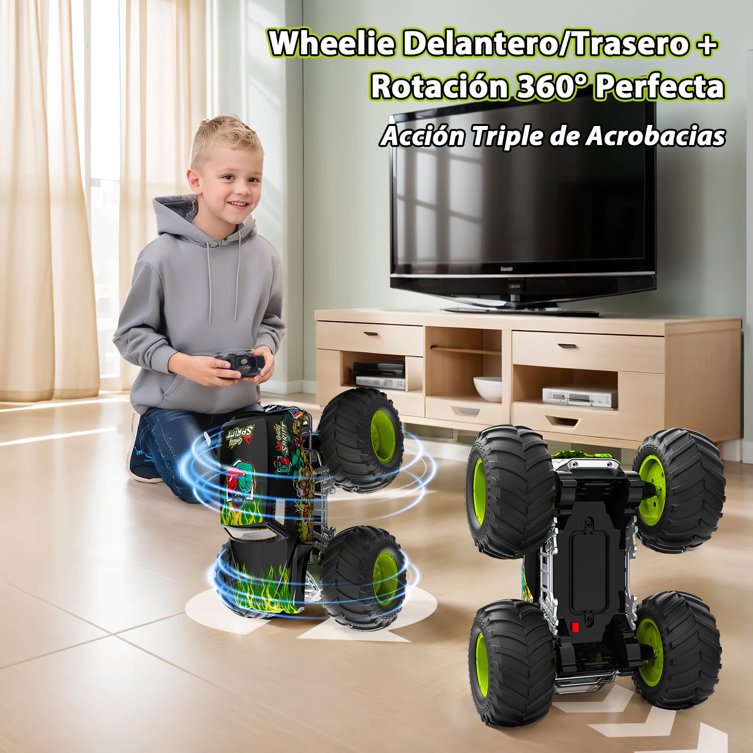 PENGBU RC 1:16 Coche Teledirigido Niños 4 Años, Monster Truck Teledirigido con Luces, 360° Rotation, ¡Anda sobre 2 Ruedas y Hace el Pino, Coches Teledirigidos para Niños de 4, 6, 8 Años