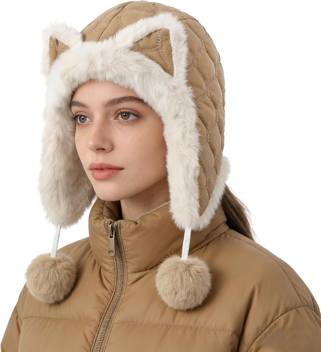 Women's Winter Hat Ski Hat Windproof Warm Plush Balaclava with Ear Covers Fox Shape Protection Face and Neck 54-58cm