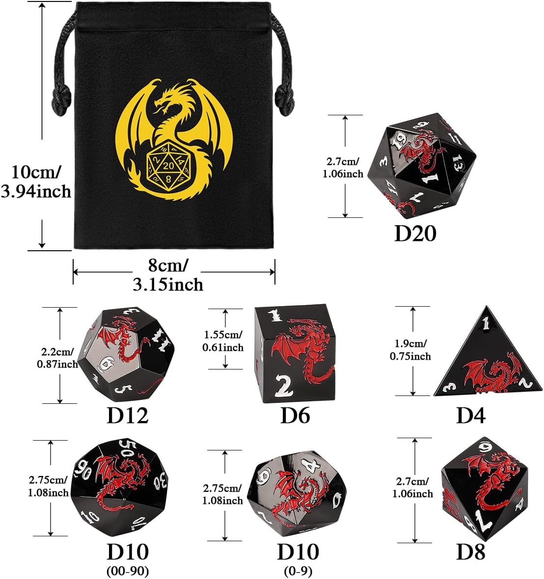 Metal DND Dice - Red Dragon Embossed Pattern, 7 Piece Polyhedral DND Dice Set, DND Starter Set, D&D Gift with Gift Bag, Role Playing Game DND Accessories, Black