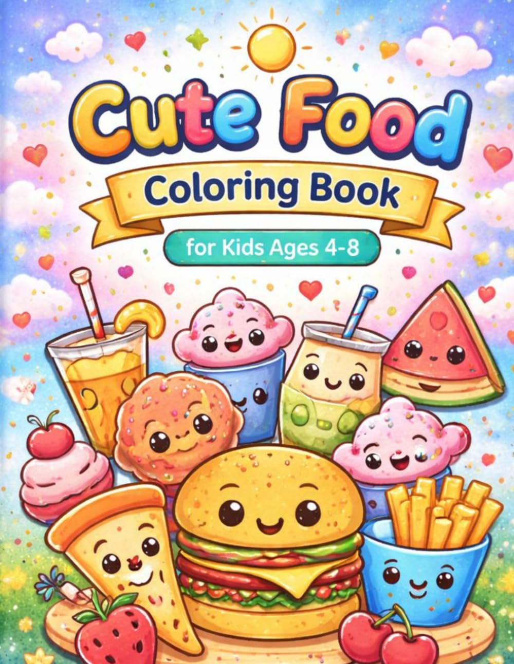 Cute Food Coloring Book: Fun and Easy Coloring Pages for Kids Ages 4-8/ Kawaii Snacks, Desserts & Happy Meald