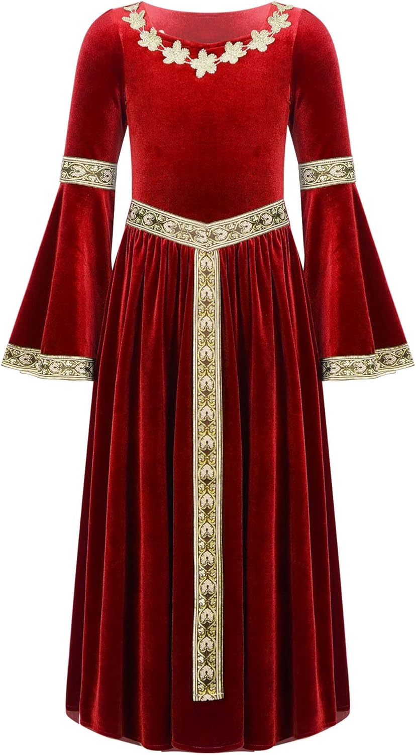Feynman Retro middeleeuwse jurk gotisch paleis dames trompetmouwen feestelijk renaissance-kostuum, Groen, L