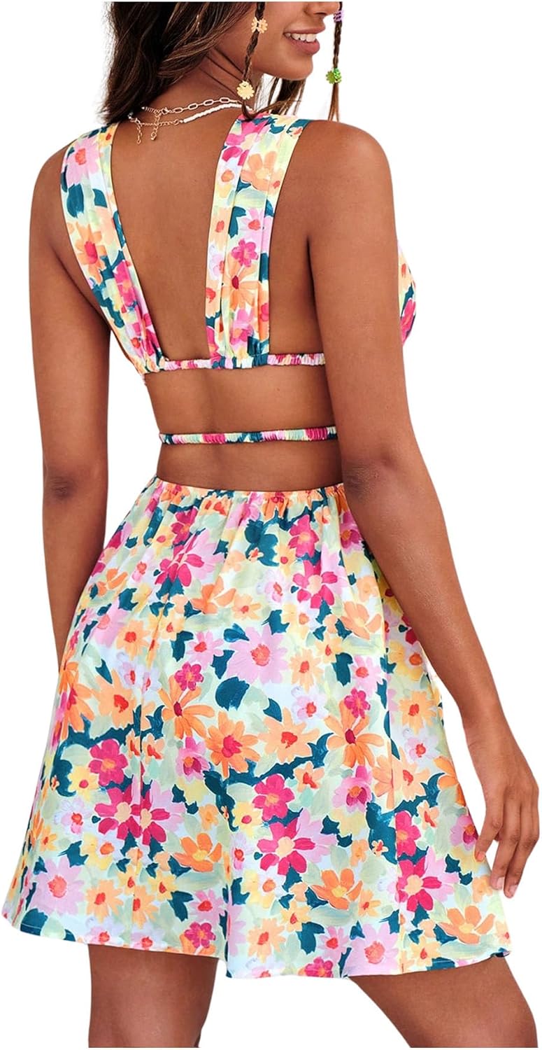 Floerns Women's Cut Out Backless Sleeveless Shirred Floral A Line Short Dress - Image 2