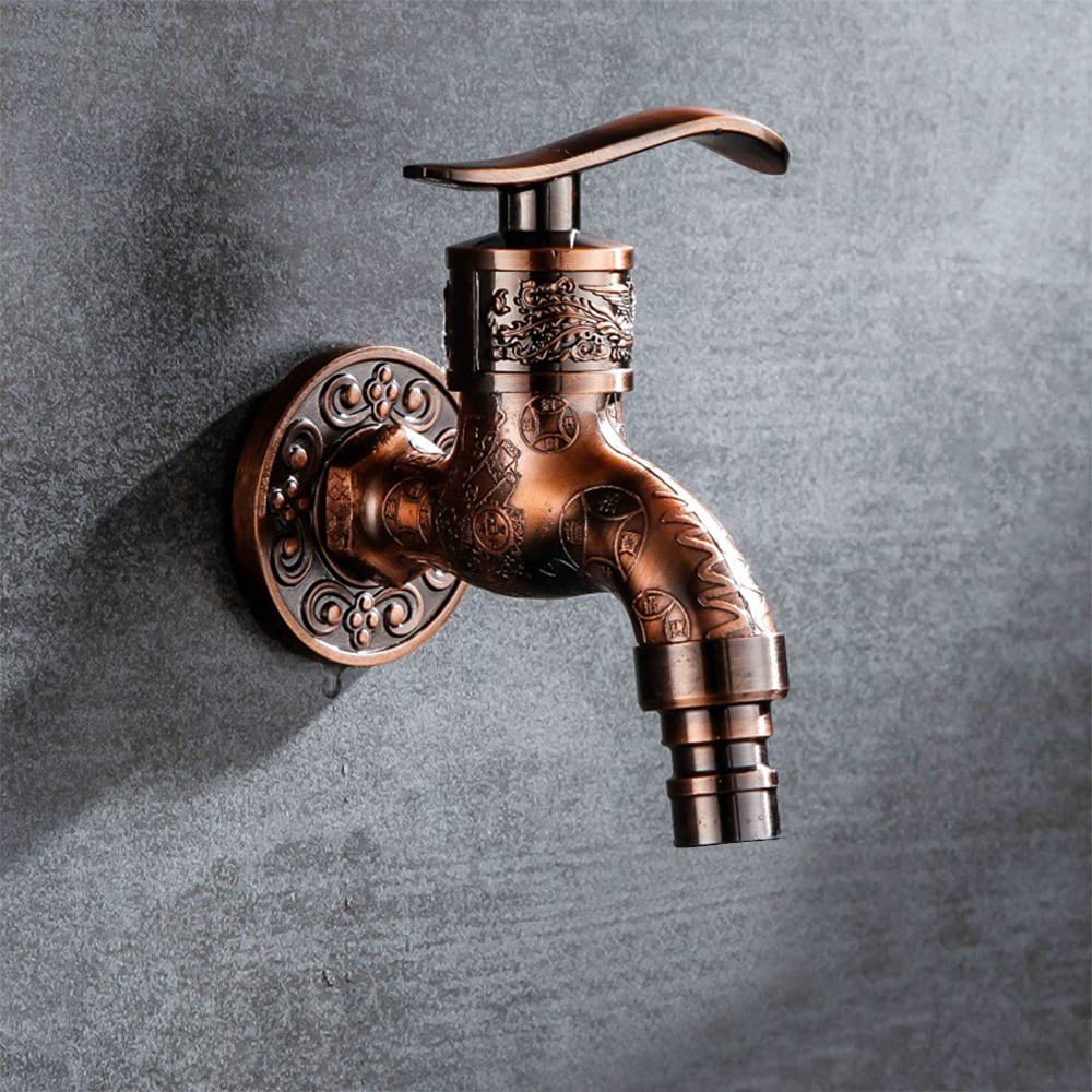 ZYCHSJXA Wall Mount Faucet Retro Brass Washing Machine Mop Small Tap Antique Dragon Carved Decorative Outdoor Garden Bibcock Bathroom