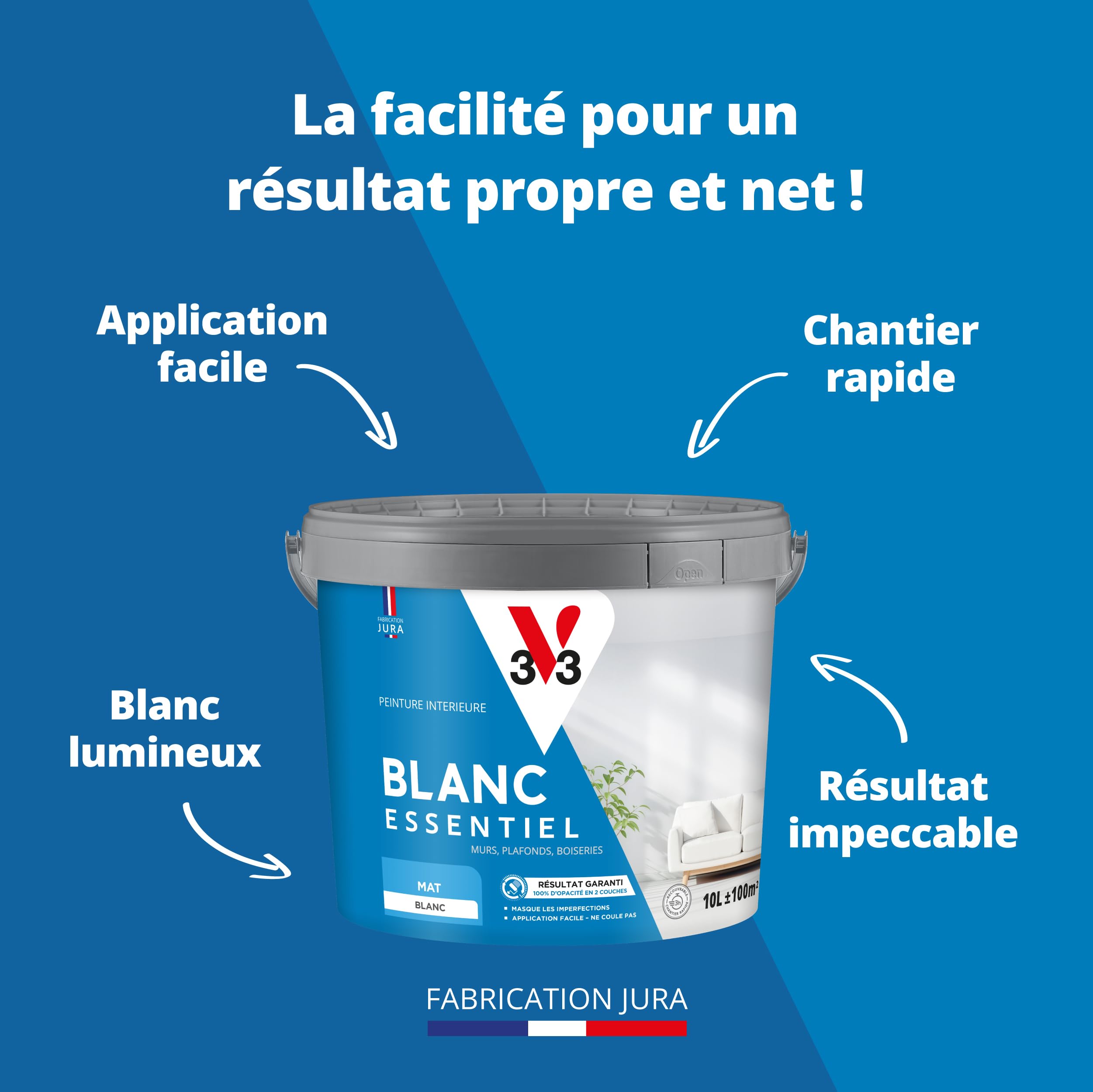 V33 - Blanc Essentiel - Peinture Intérieure - Peinture Murs, Plafonds et Boiseries - Application Rapide & Facile - Couvre en 2 Couches - Chantier Rapide Recouvrable en 3h - Blanc Durable - Velours 10L