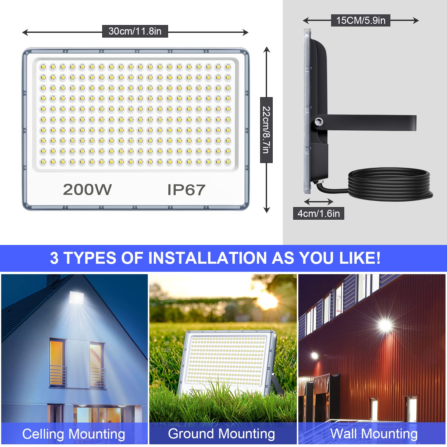 YIQIBRO Projecteur LED Exterieur 200W, 85-265V Spot LED Extérieur Avec Transformateur, 20000LM 6500K Eclairage de Sécurité D'extérieur, IP67 Imperméable Luminaire Pour Terrasse Jardin Stade Usine