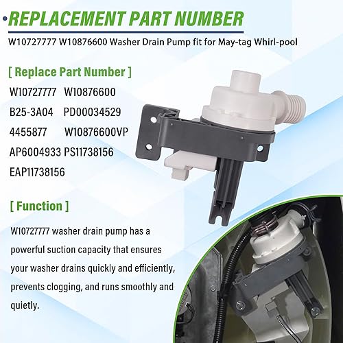 Miniatura 3 de Bomba de drenaje de lavadora W107277777 W10876600 B25-3A04 compatible con hidromasaje, may-tag y ken-more Washer wtw5000dw1, mvwb955fc0, mvwb955fc0,
