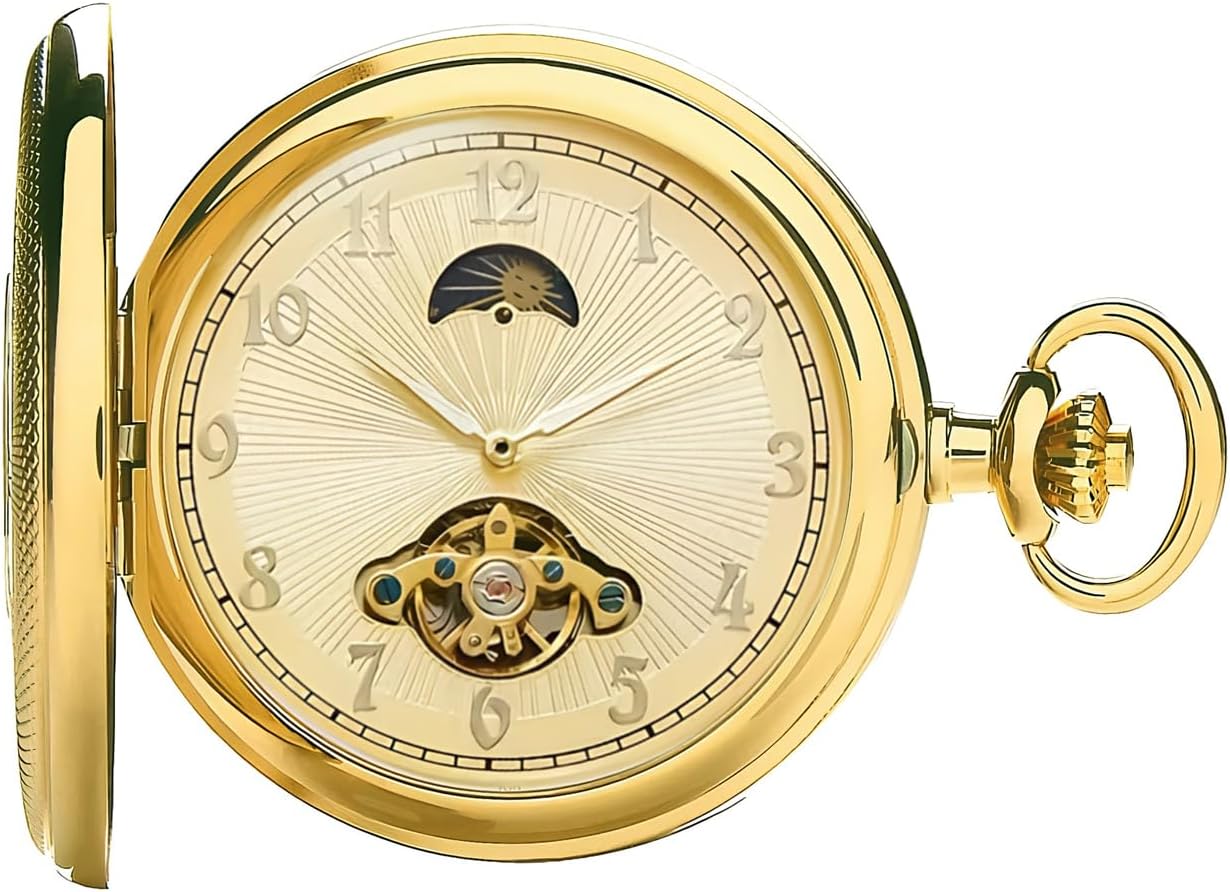 HOUSIA Vintage Mechanical Pocket Watch for Men - Moon Phase & Imitated Tourbillon Design, Skeleton Face with Bold Numerals, Antique Silver Metal Case with Chain, Premium Keepsake Gift for Dad/Husband
