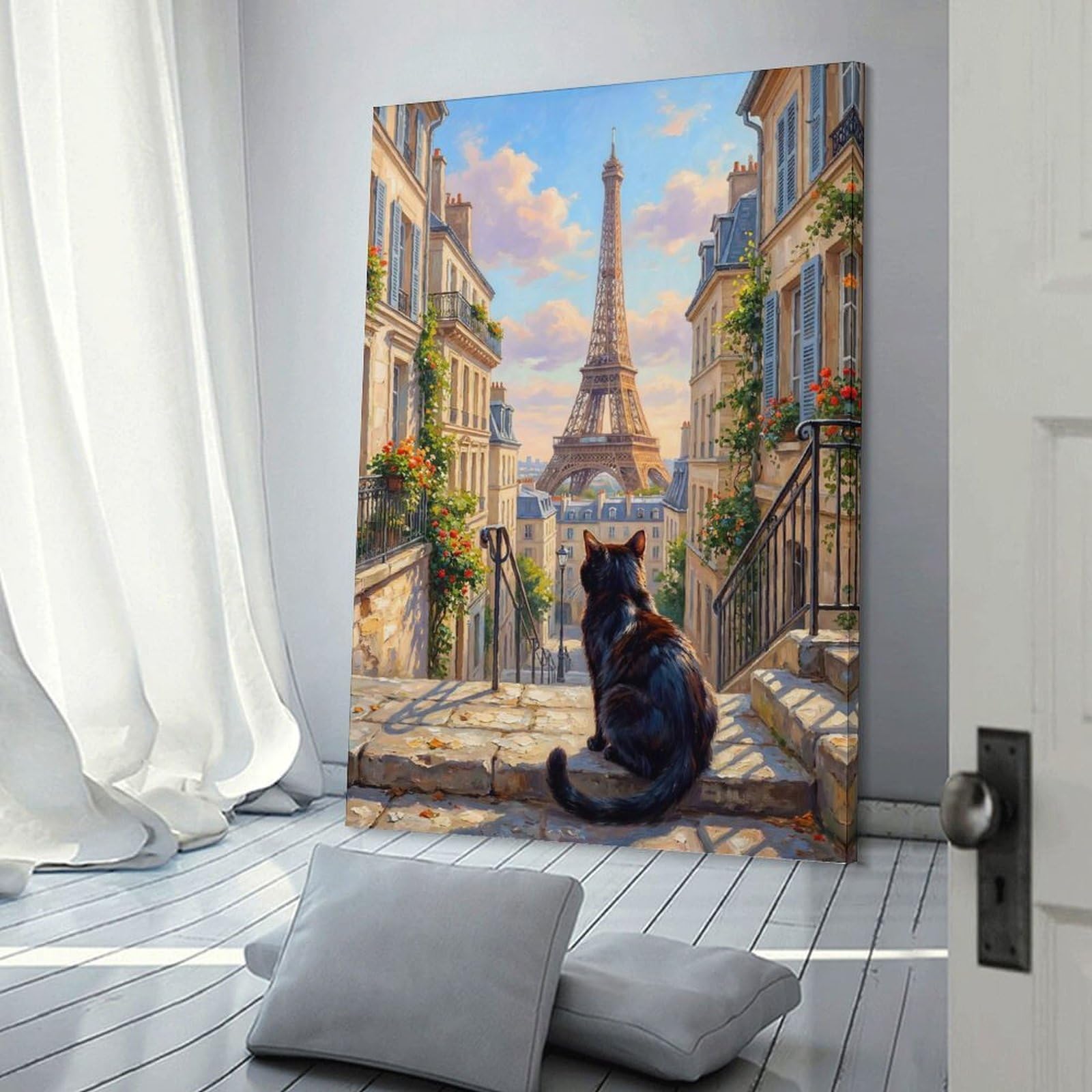 Black Cat Eiffel Tower in Paris Canvas Wall Decor 24x36inch(60x90cm), for Study, Office Or Focused Interiors, Wall Art That Adds Style to Work Areas