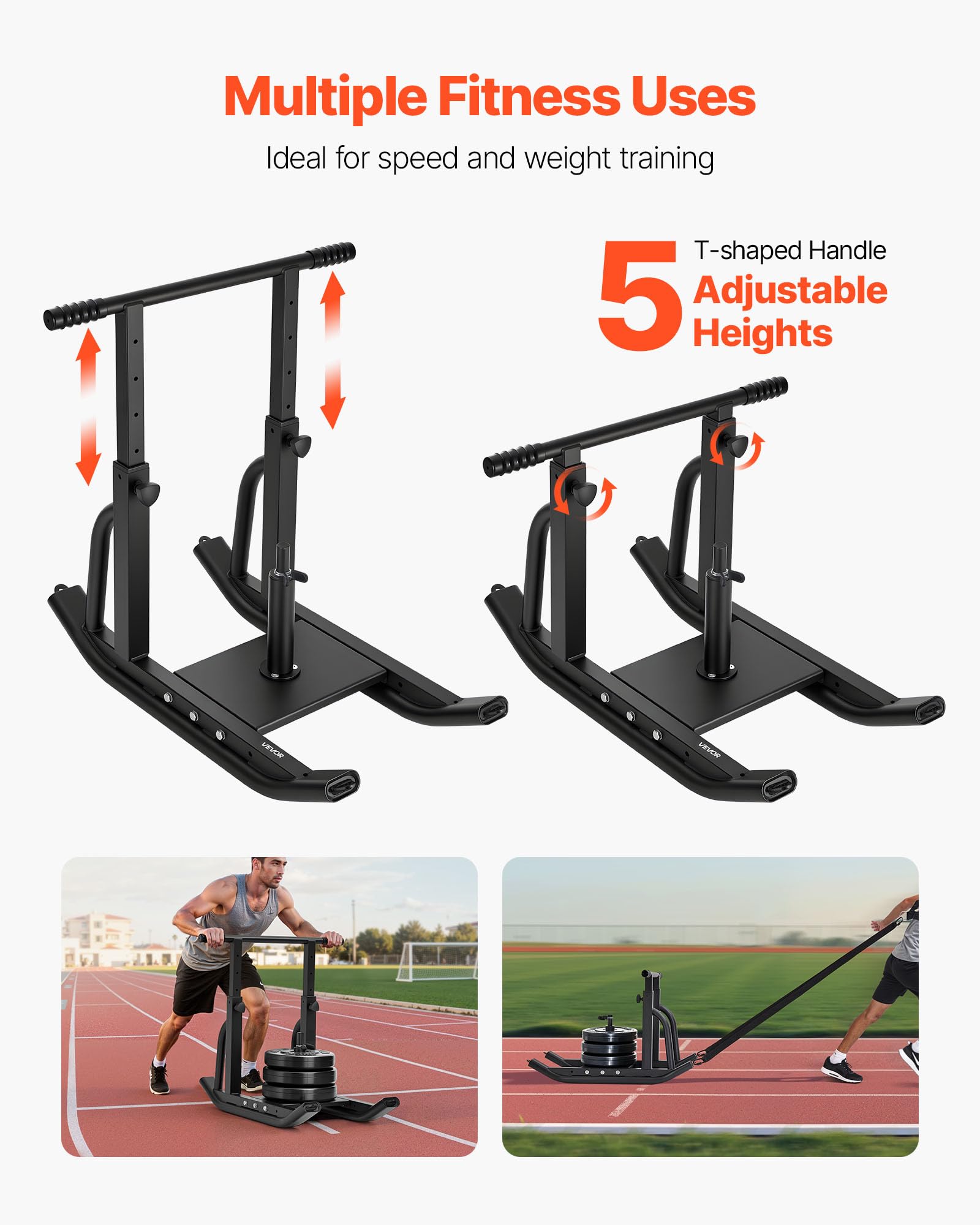 VEVOR Slitta con Pesi, per Dischi da 25 e 51 mm Slitte per Allenamento Fitness per Migliorare Velocità negli Esercizi Atletici, Attrezzatura per Allenamento con Maniglia Regolabile in Altezza, Nero