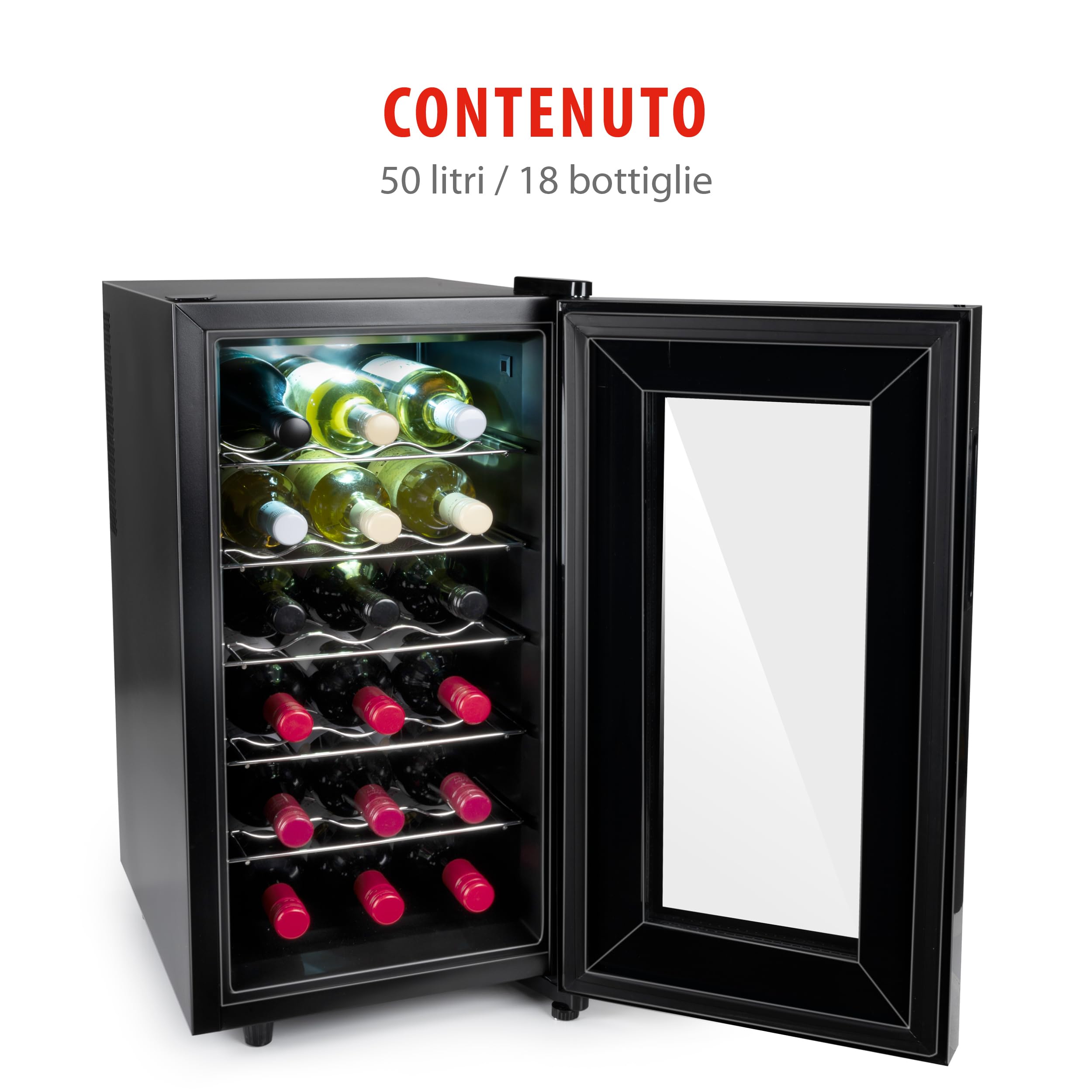 Alpina Frigorifero per vino – 230 V – 18 bottiglie/50 l – temperatura regolabile da 11 °C a 22 °C – Porta in vetro e illuminazione interna – silenzioso – nero
