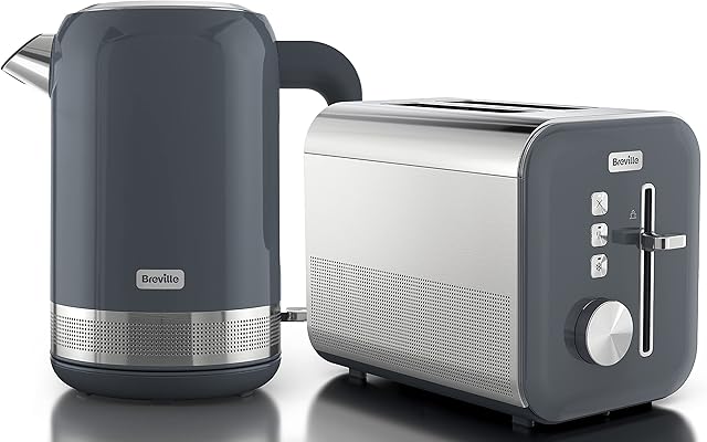Breville Grey Kettle & Toaster Set | High Gloss Collection | with 1.7L Fast-Boil 3KW Kettle and 2-Slice Toaster featuring High Lift | Grey & Stainless Steel [VKT154 + VTT968]