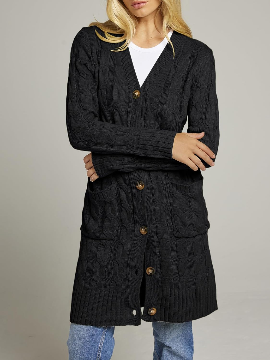 MEROKEETY Women's 2025 Long Sleeve Cardigan Sweater Fall Winter Cable Knit Open Front Button Long Outerwear - Image 6