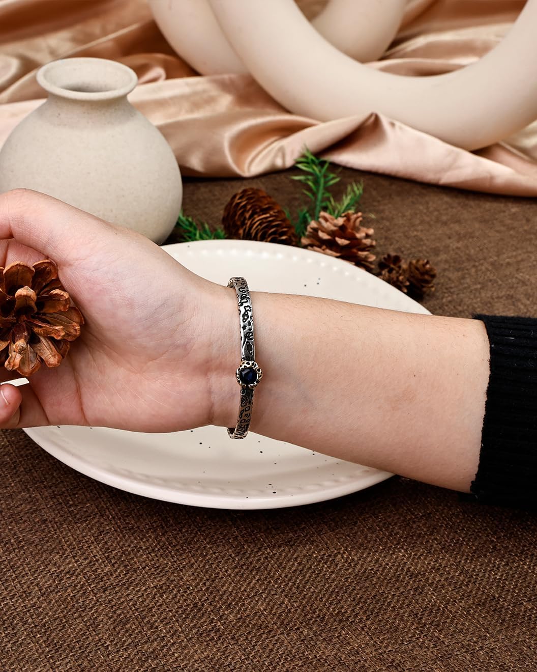 Silver Blue Bangles for Women – Sterling Silver Plated Cuff Bracelet, Vintage Bracelet with Blue Rhinestone, Engraved Adjustable Bangle Jewelry - Image 5