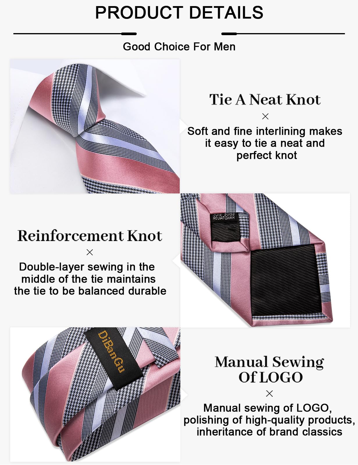 DiBanGu Men's Pink Grey Striped Tie Silk Woven Necktie Pocket Square Cufflink Set Formal