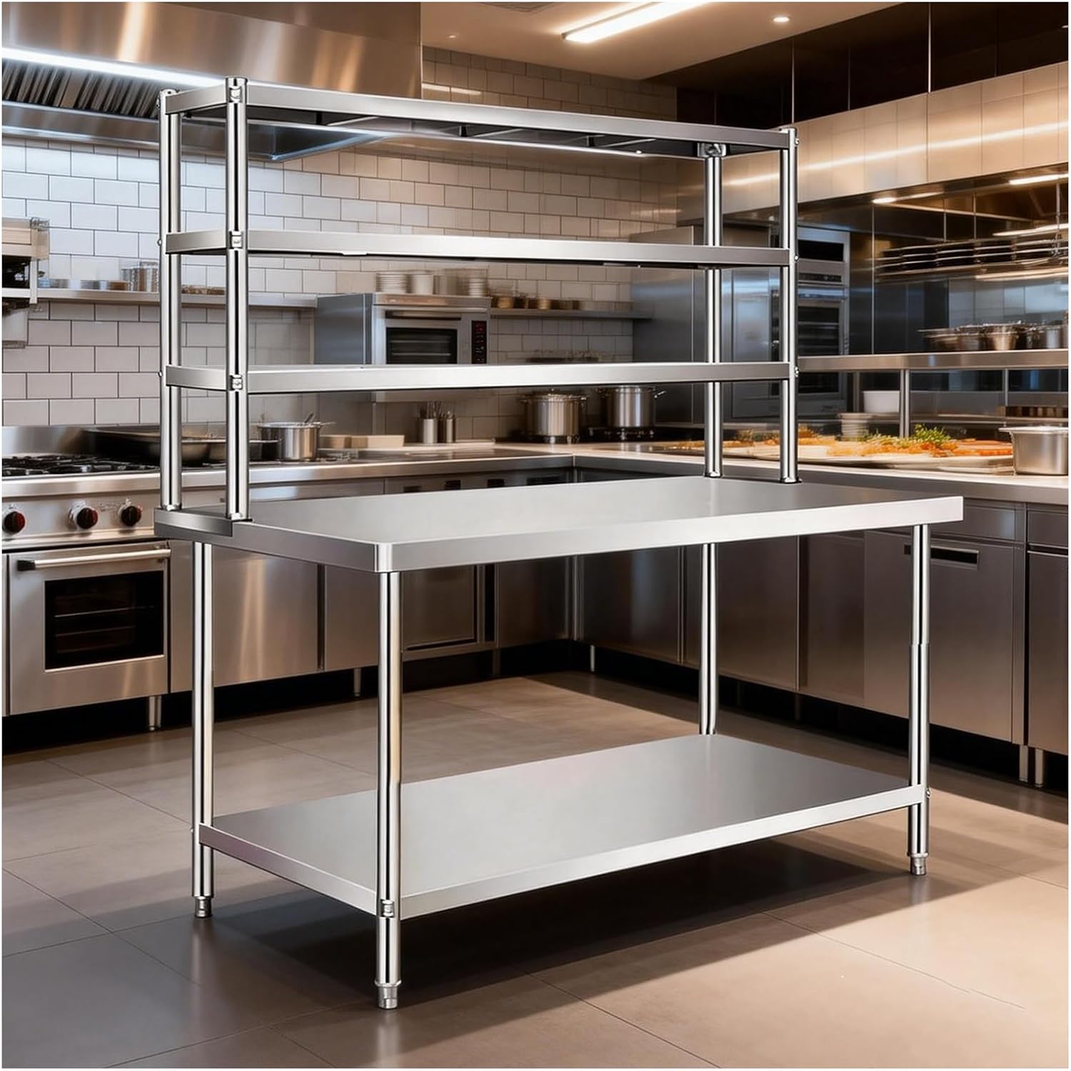 Stainless Steel Workbench with Three-Tier Upright Frame Worktable Kitchen Prep Station Open Shelving Unit Double-Layer Metal Prep Table Easy Installation Adjustable Shelves(70x50x80cm+70x25x60cm)