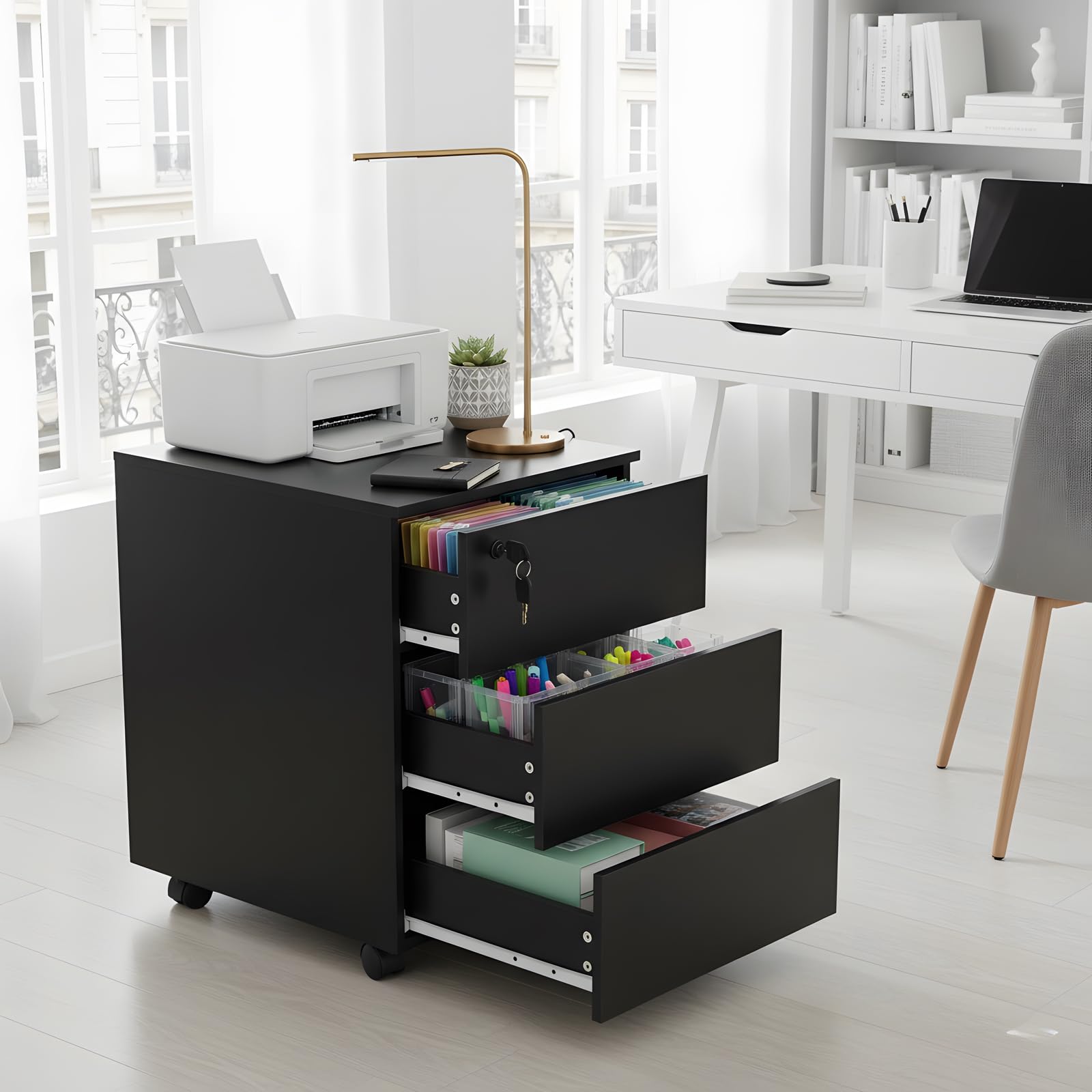 Caisson de Bureau Noir, Meuble Tiroir sous Bureau en Bois, Armoire Qui Ferme à clé avec 3 Tiroirs, Caisson sur roulettes Rangement, 39x45x54 cm
