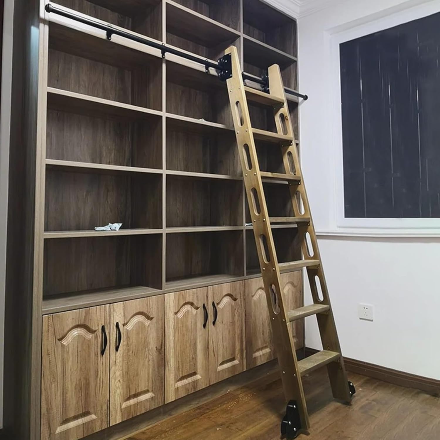 Complete Rolling Library Ladder Hardware Set, Round Tube Mobile Ladder Track with Sliding Floor Roller Wheels for Home & Office (20ft/610cm Track kit)