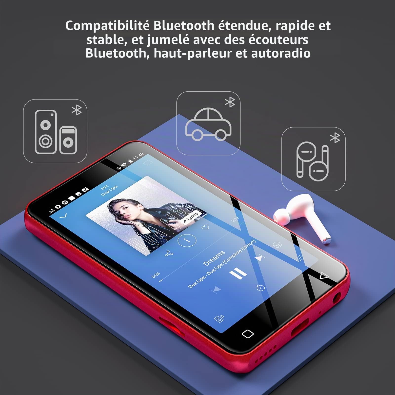 80Go Lecteur MP3 avec Bluetooth et Wi-FI, écran Tactile Complet de 10.2 cm, Lecteur MP4 MP3 avec Spotify, Son HiFi Portable, Lecteur Audio numérique avec Haut-Parleur（Rouge Noir