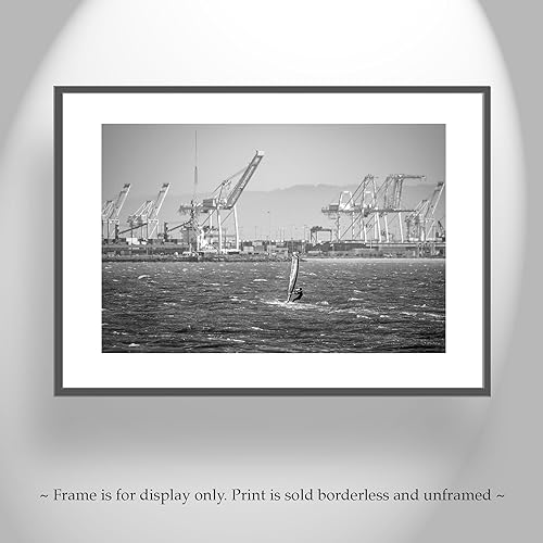 Miniatura 5 de Windsurf Art Print with San Francisco Bay Port of Oakland Harbor Cranes in Black and White