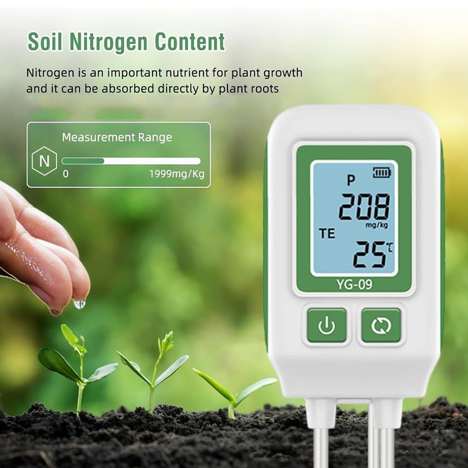 Medidor de suelo, sensor de temperatura digital NPK con LCD, rango NPK 0-1999 mg/kg, rango de temperatura de 0°C-60°C, apagado automático para pruebas de suelo