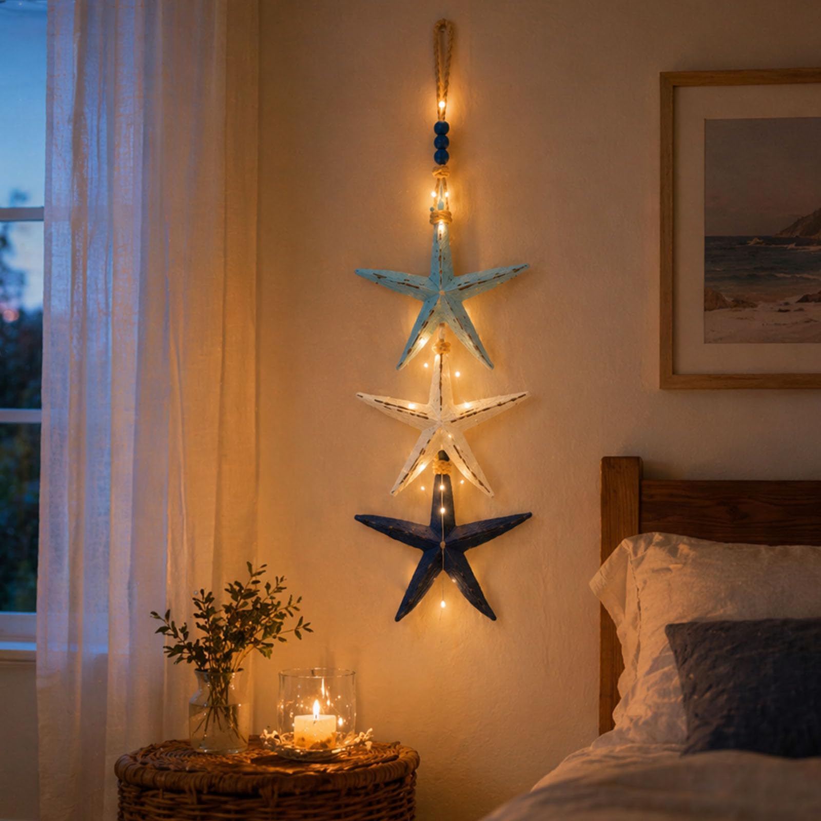 Lighted Wooden Coastal Fish & Starfish Wall Hanging Decor with Warm LEDs