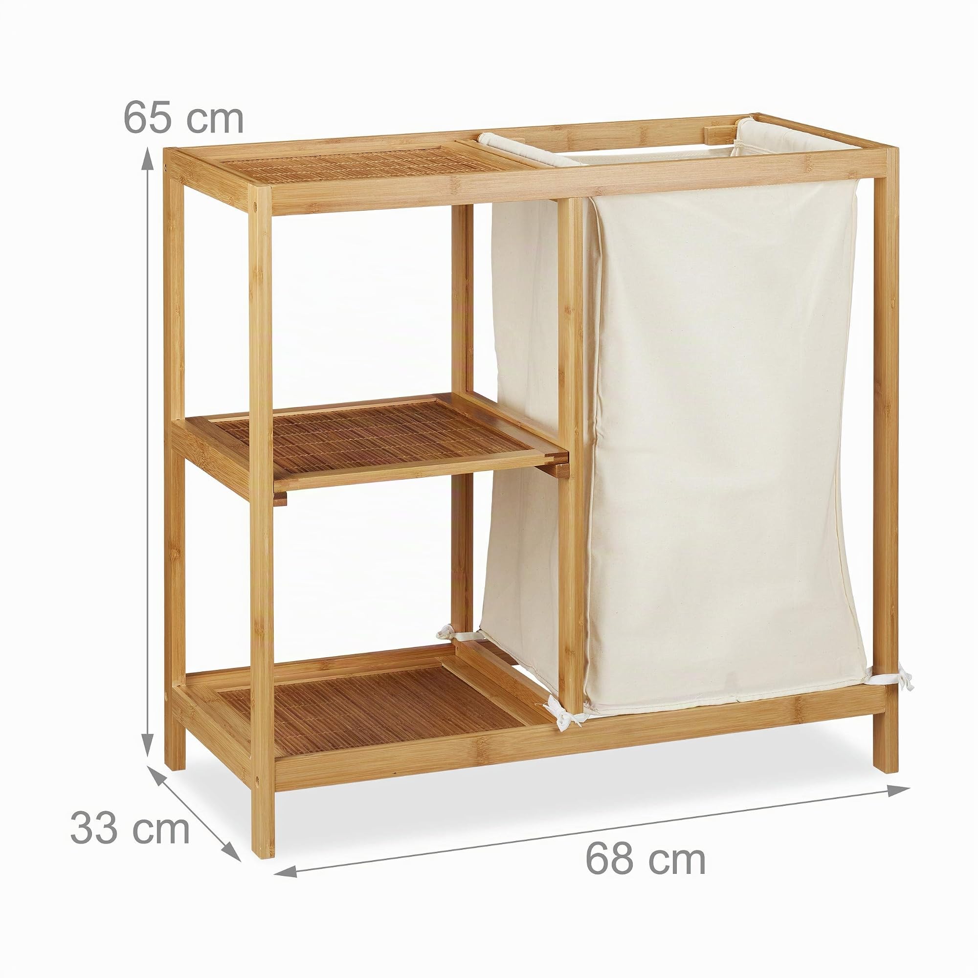 Relaxdays Mobiletto da Bagno con Portabiancheria, 3 Ripiani, Sacco Biancheria Estraibile, HxLxP: 65x68x33 cm, Naturale