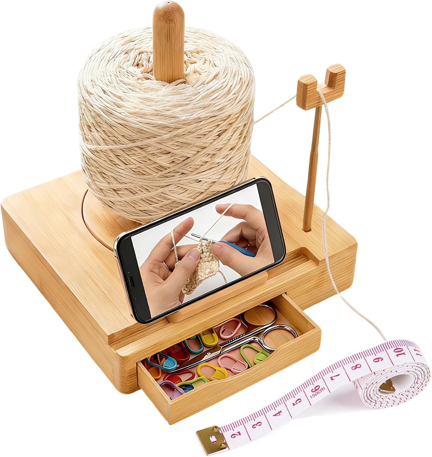 Portable Multi-Functional Wooden Yarn Spool Rotator with Phone Holder, Detachable Yarn Spool Box and Crochet Accessory Storage Box, Designed for Knitting Enthusiasts. (Original Wood Style)