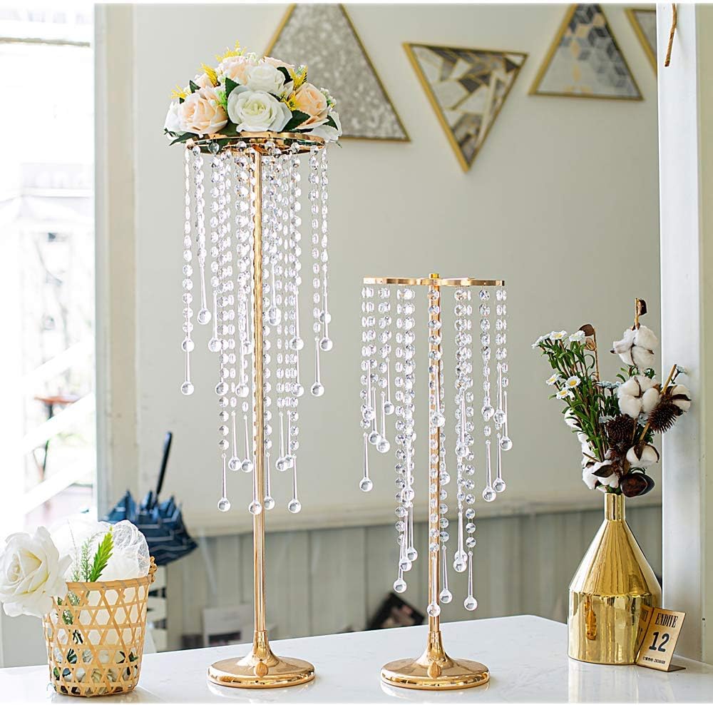 LANLONG 2PCS Wedding Home Decoration Flower Road Leads Gold Acrylic Crystal Wedding Table Centerpiece Bundle with 2 Packs Fake Artificial Flowers 15 Heads Plastic Roses