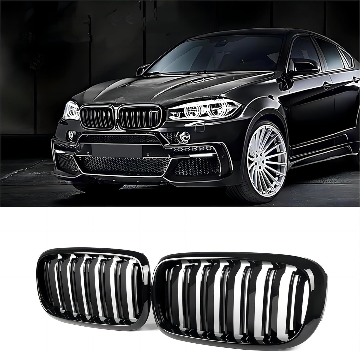 X5 Front Kidney Grille for 2014-2019 X5 F15 X6 F16 X5M F85 X6M F86 | Gloss Black-Double Slats, 2pcs