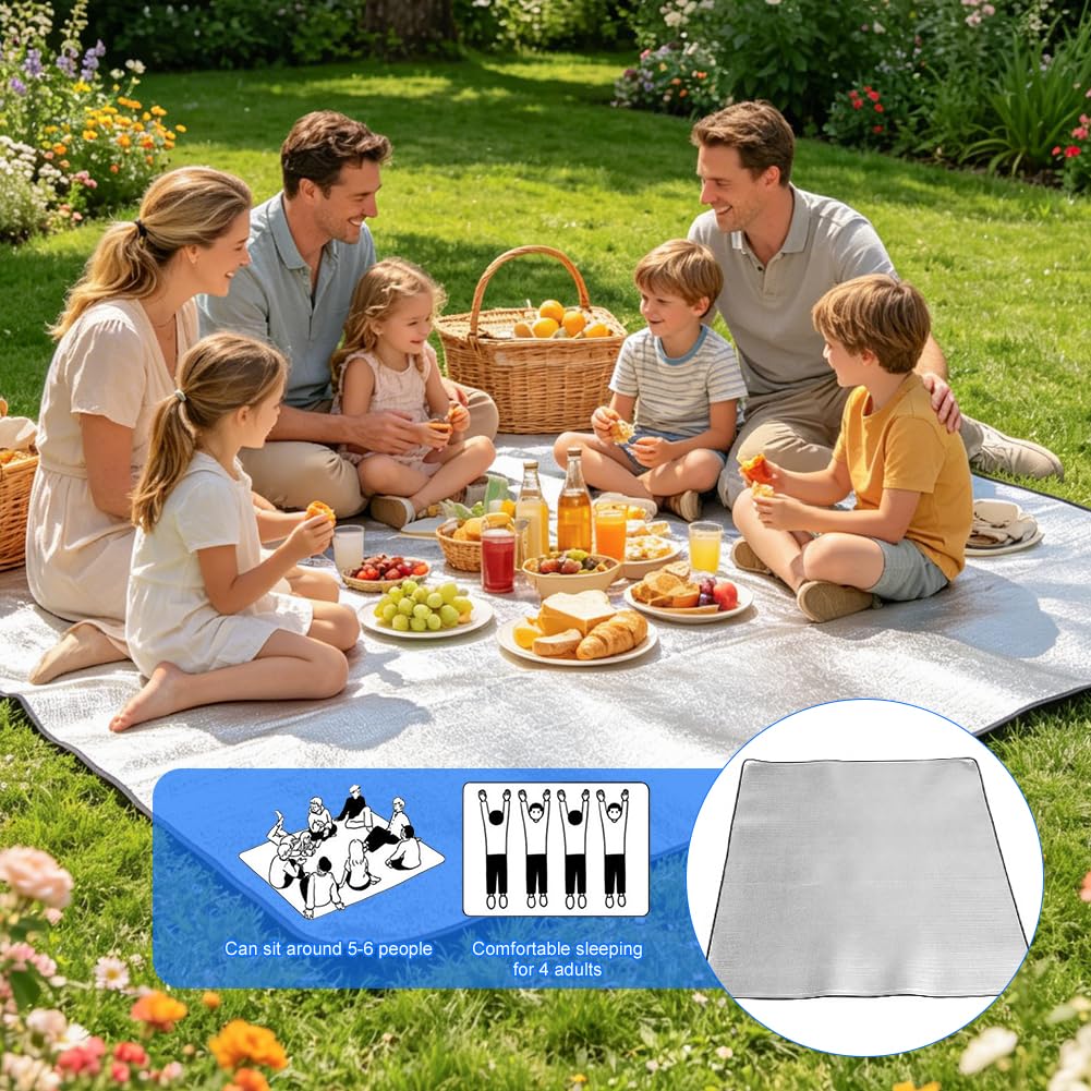 Matelas thermique de camping, isolant en mousse en aluminium, 200 x 200 cm, tapis de couchage pour camping, couverture thermique, tapis de sol, pour la randonnée, le trekking, les activités de plein