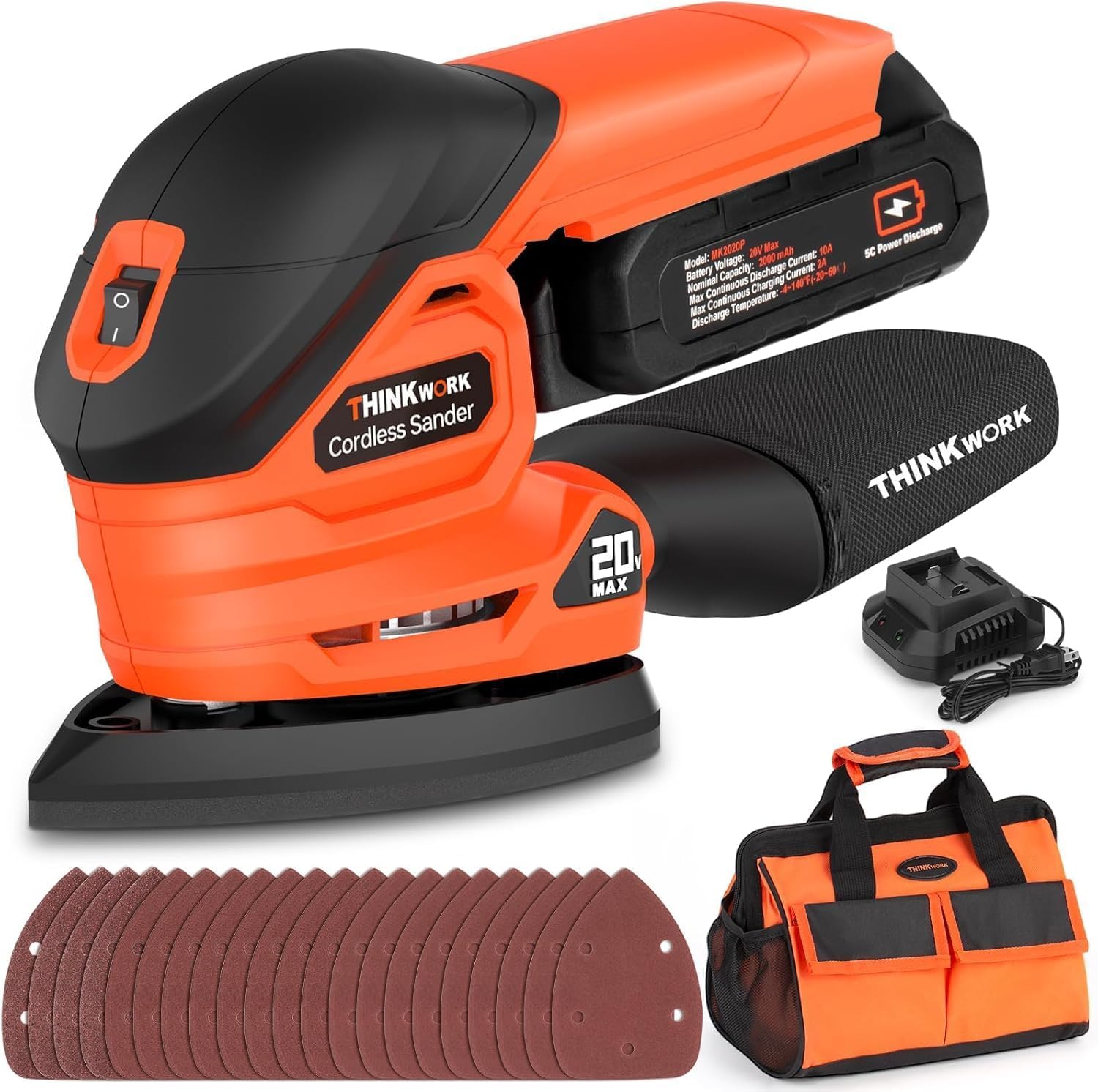 20V 2.0 Ah Cordless Detail Sander, Battery Sander, 12000 RPM Electric Palm Sander with Dust Collection System for Sanding Tight Spaces on Wood Surfaces, Included 21 Sandpapers