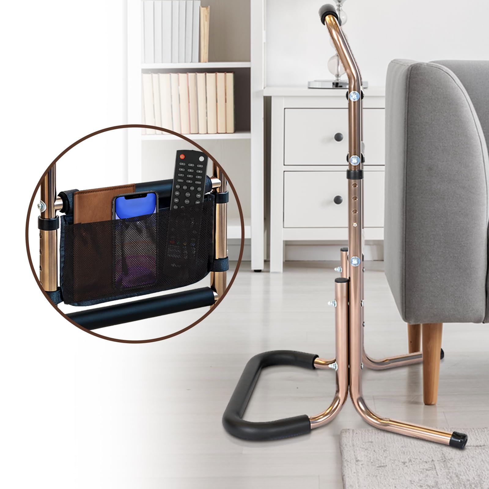 Asistente para levantarse de diario, silla para adultos, soporte de apoyo con 4 asas, ayuda para levantarse cama para personas mayores, soporta hasta 136 kg, altura ajustable