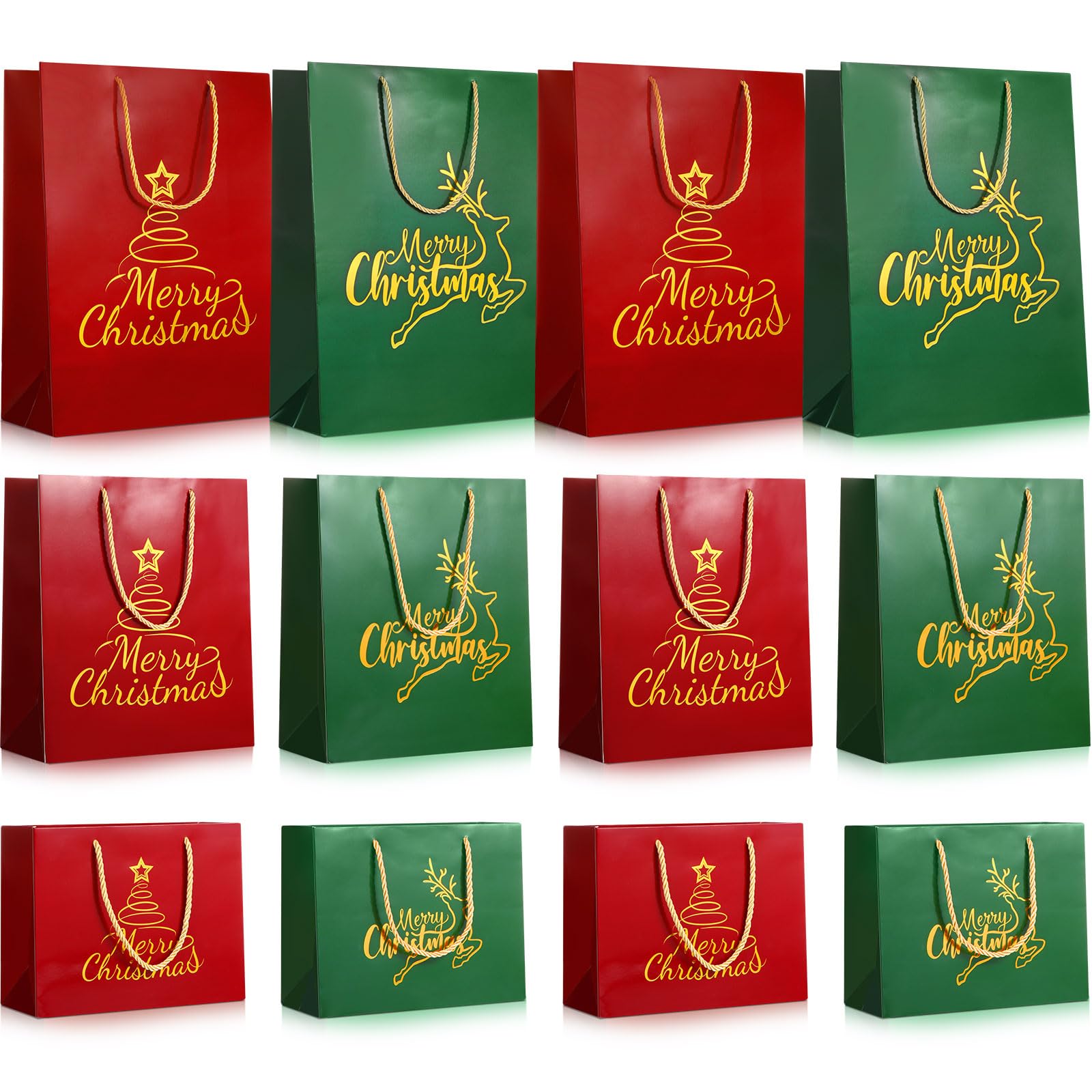 Zhanmai 12 bolsas de regalo de Navidad a granel con diseño de árbol de Navidad, alce, con asas, bolsas de golosinas rojas y verdes, bolsas de regalo de Navidad para invierno, cumpleaños, boda, baby