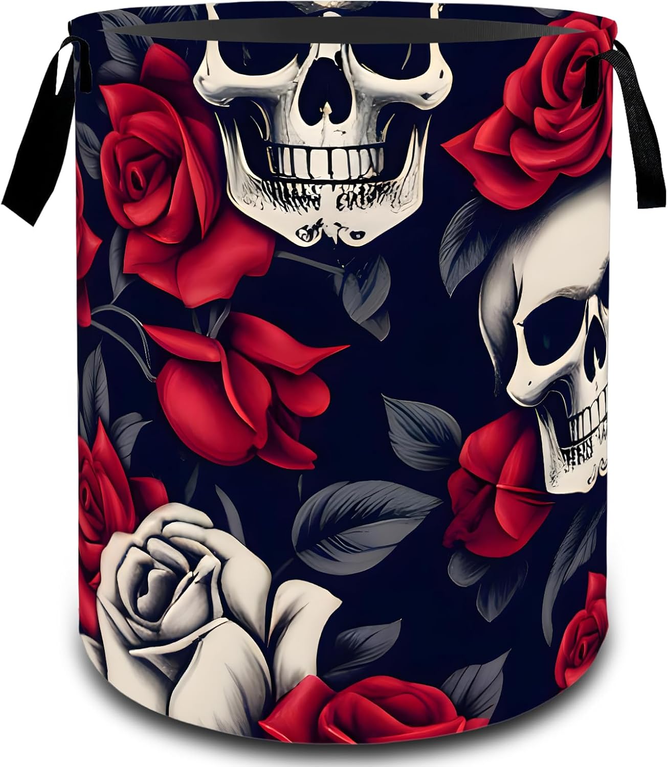 Skull and Rose Gothic Laundry Basket, Dirty Collapsible Clothes Toy Organizer Hamper for Kids Adults, Oxford Cloth Waterproof Storage Bin for Bedroom Bathroom Halloween Decor Gifts, 19.7"X15.7"