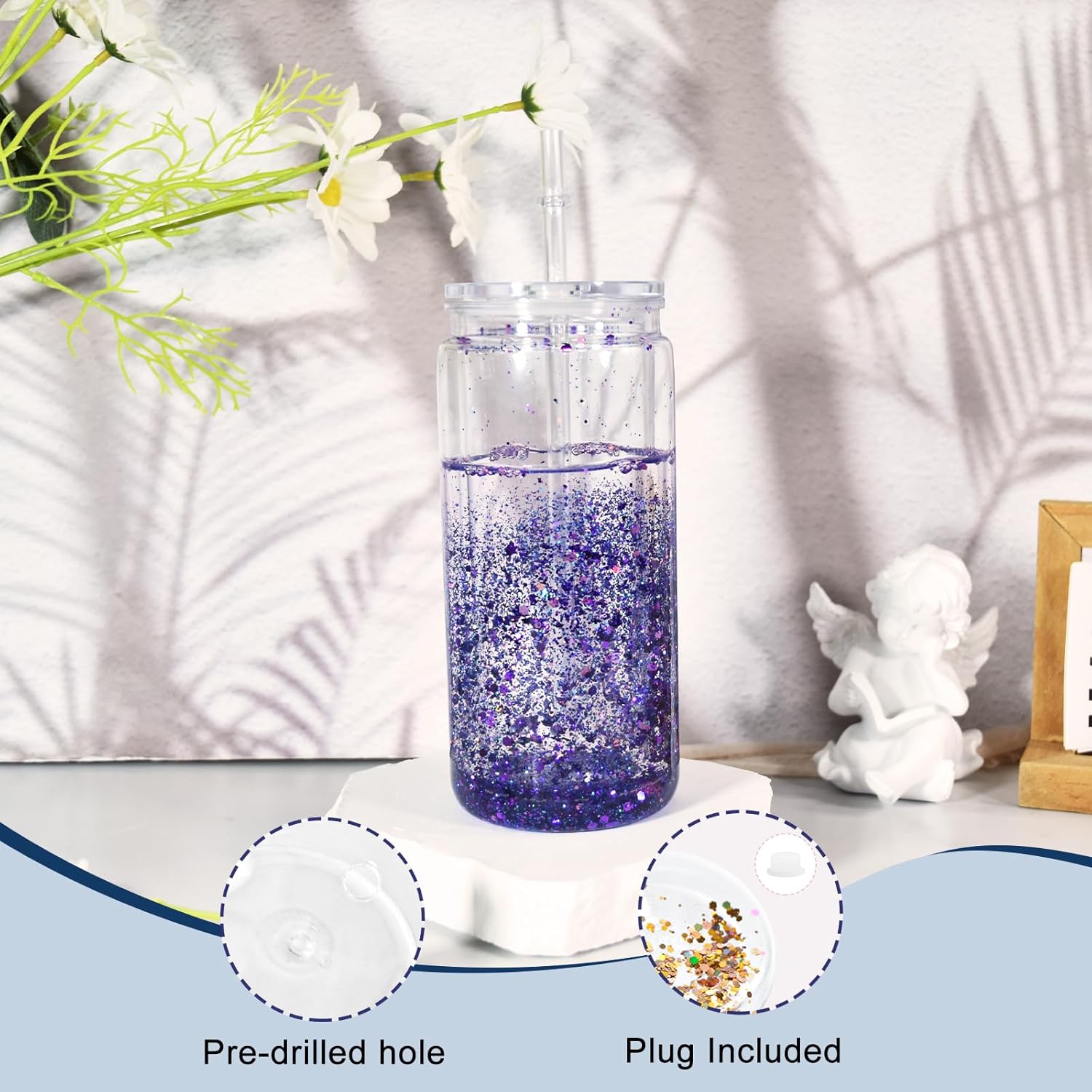 4 Pack Acrylic Snow Globe Tumbler, 20oz Snowglobe Cups with Pre Drilled Hole, Double Wall Plastic Cups Blanks with Clear Lid and Plastic Straw, Glitter Snow Globe Cup for DIY Gift - Image 5