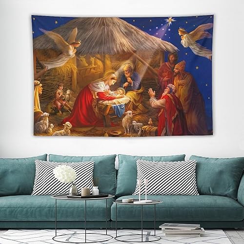 Miniatura 3 de QUANQIUYING Tapiz de arte de pared con diseño de belén de Feliz Navidad, decoración para dormitorio, hogar, decoración para colgar en la pared para