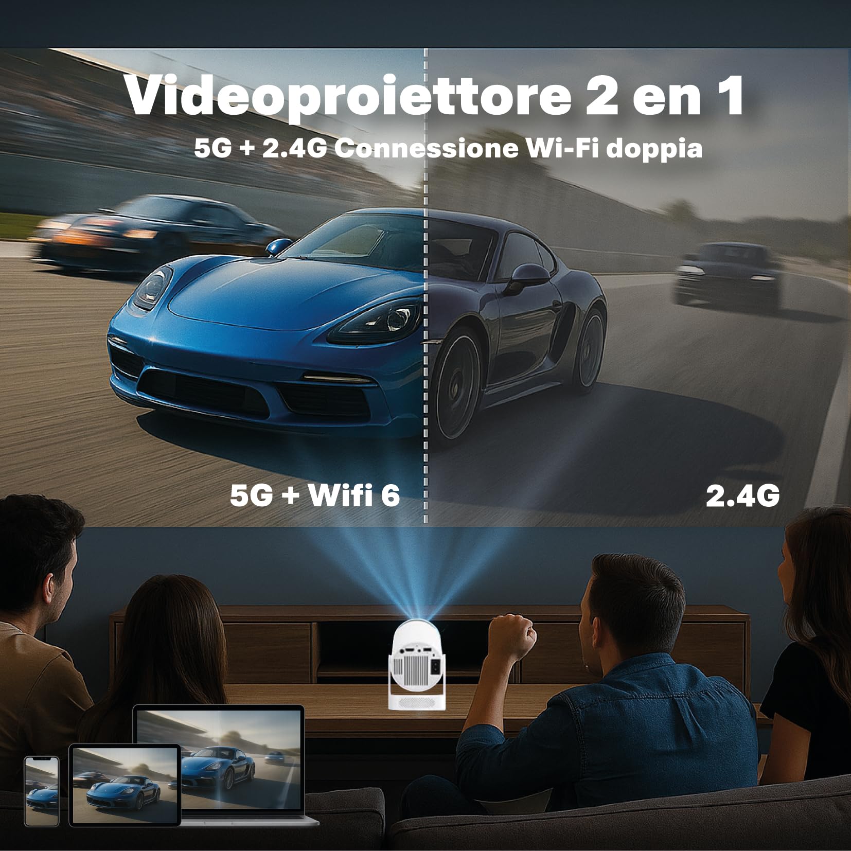 Proiettore Portatile 4K Supporto con Giochi Retro e Controller Wireless – Proiettore Esterno Casa con Wifi 6, BT 5.0, 1080P, Rotazione 180°, 1000 Lumen, Altoparlante Integrato e controller wireless