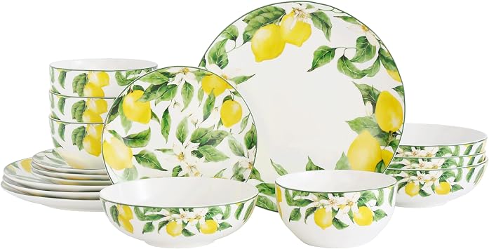 Lorren Home Trends Bone China Dinnerware Set, Service for 4, 16 Piece, Microwave and Dishwasher Safe Dinner Plates, Salad Plates, Bowls. Multiple Styles Including Floral and Lemon Lemon