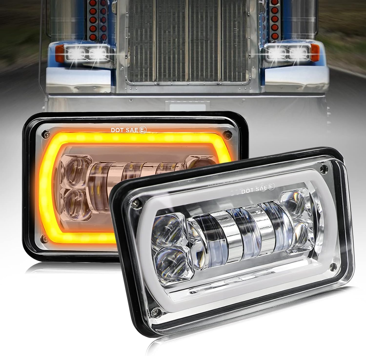 MAYELLO 2PCS 4x6 Headlights LED DOT Approved White/Yellow Hi/Lo Sealed Beam Amber Halo Rectangular Replacement H4651 H4652 H4656 H4666 H6545 Headlight Compatible with Kenworth Peterbilt Ford-Chrome