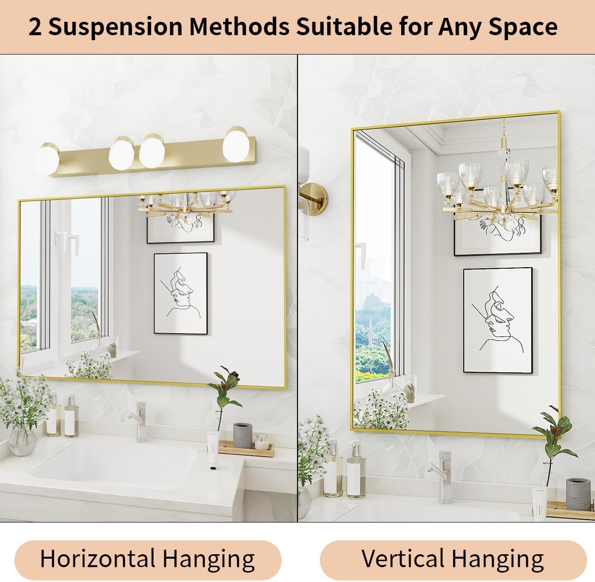 Koonmi Gold Mirrors for Wall, 36x60 Inch Bathroom Mirror, Rectangular Wall Mirror for Living Room Bedroom Bathroom, Hangs Horizontally or Vertically - Image 6