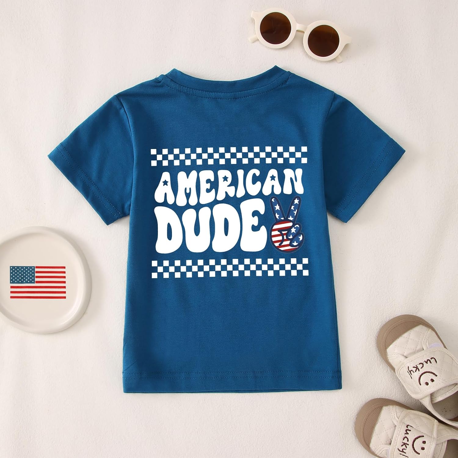 MODNTOGA 4th of July Patriotic Shirt Toddler Boys American Dude T-Shirt Kids Boy USA Flag Peace Sign Graphic Holiday Tee Tops